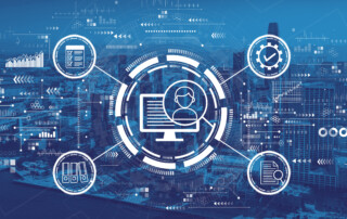 Document management system concept with downtown San Francisco skyline buildings