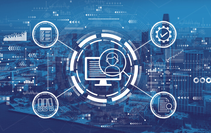 Document management system concept with downtown San Francisco skyline buildings