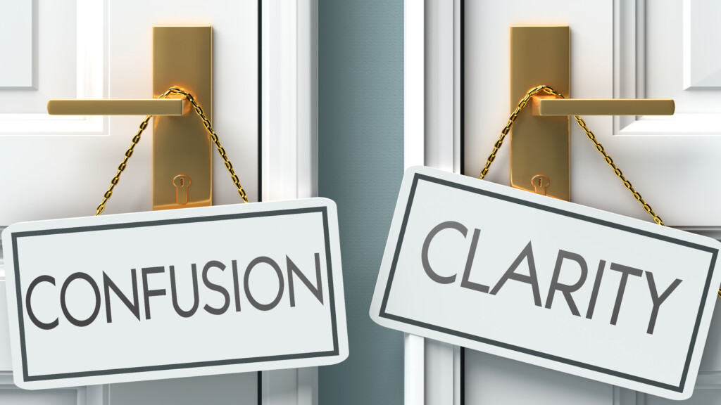 Confusion and clarity as a choice - pictured as words Confusion, clarity on doors to show that Confusion and clarity are opposite options while making decision, 3d illustration