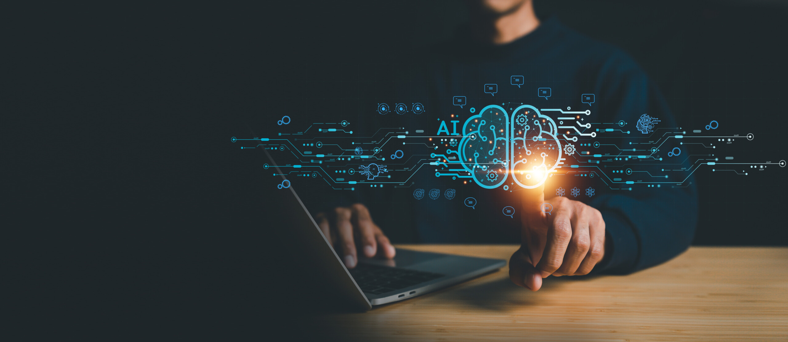 ChatGPT chat AI concept, artificial intelligence Businessman using AI smart robot technology inputting commands to analyze data and build something. future technology changes.
