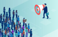 Isometric vector of a businessman or politician with megaphone making an announcement to a crowd of people.