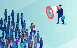 Isometric vector of a businessman or politician with megaphone making an announcement to a crowd of people.