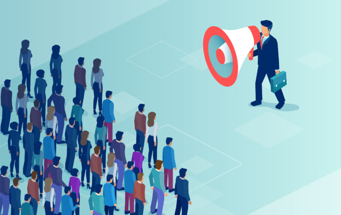 Isometric vector of a businessman or politician with megaphone making an announcement to a crowd of people.