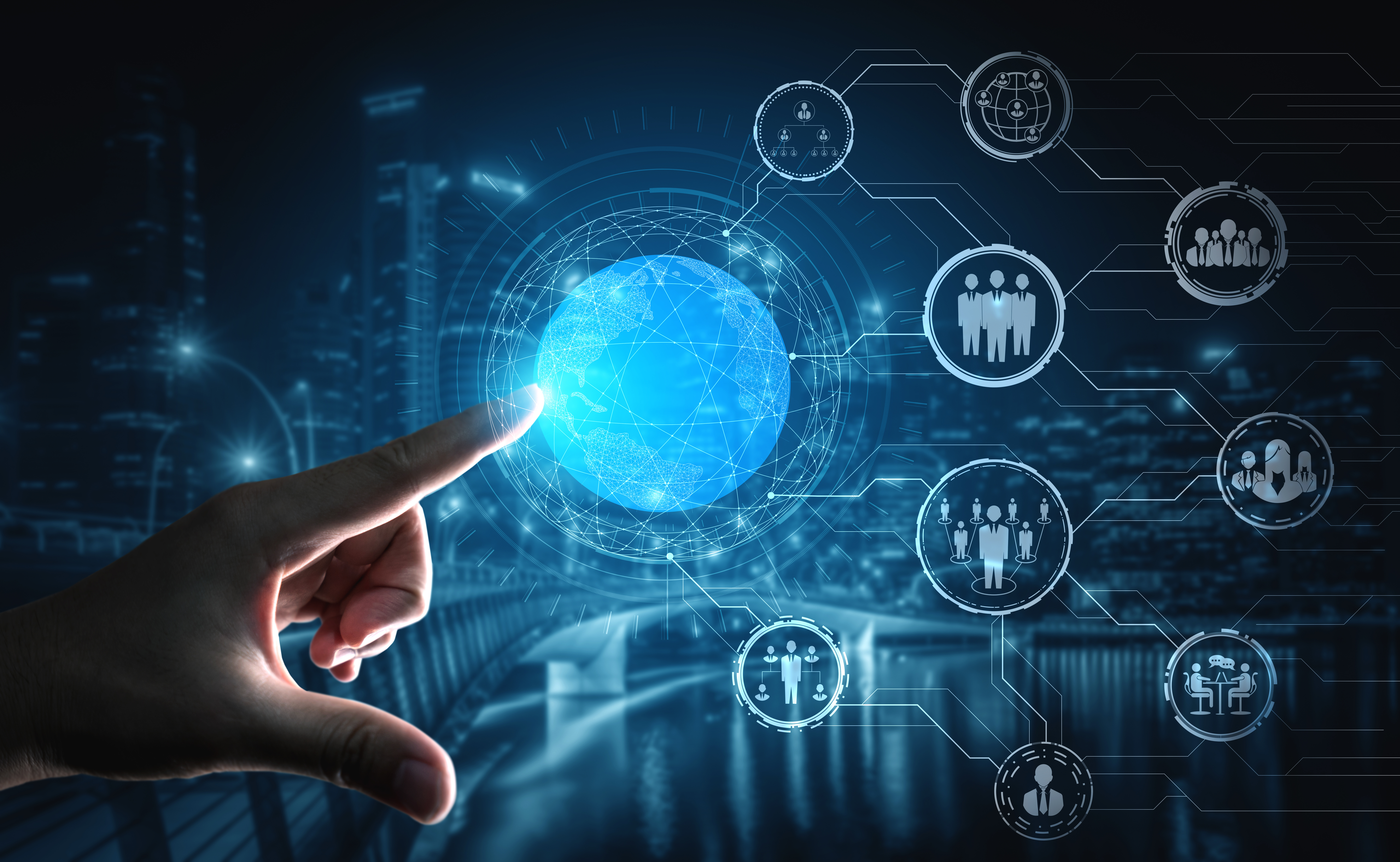 People network and global communication concept. Business people with modern graphic interface of community linking many people around world by social media platform to connect international business.