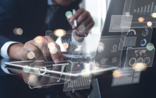 Data scientists, Programmer using digital tablet and laptop computer analyzing information on futuristic virtual interface screen. Algorithm, Data engineering, business and digital software technology