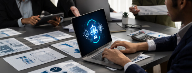 AI ethics responsibility standard law and rules on computer screen provide report of AI ethic transparency preventing technology crime. brisk