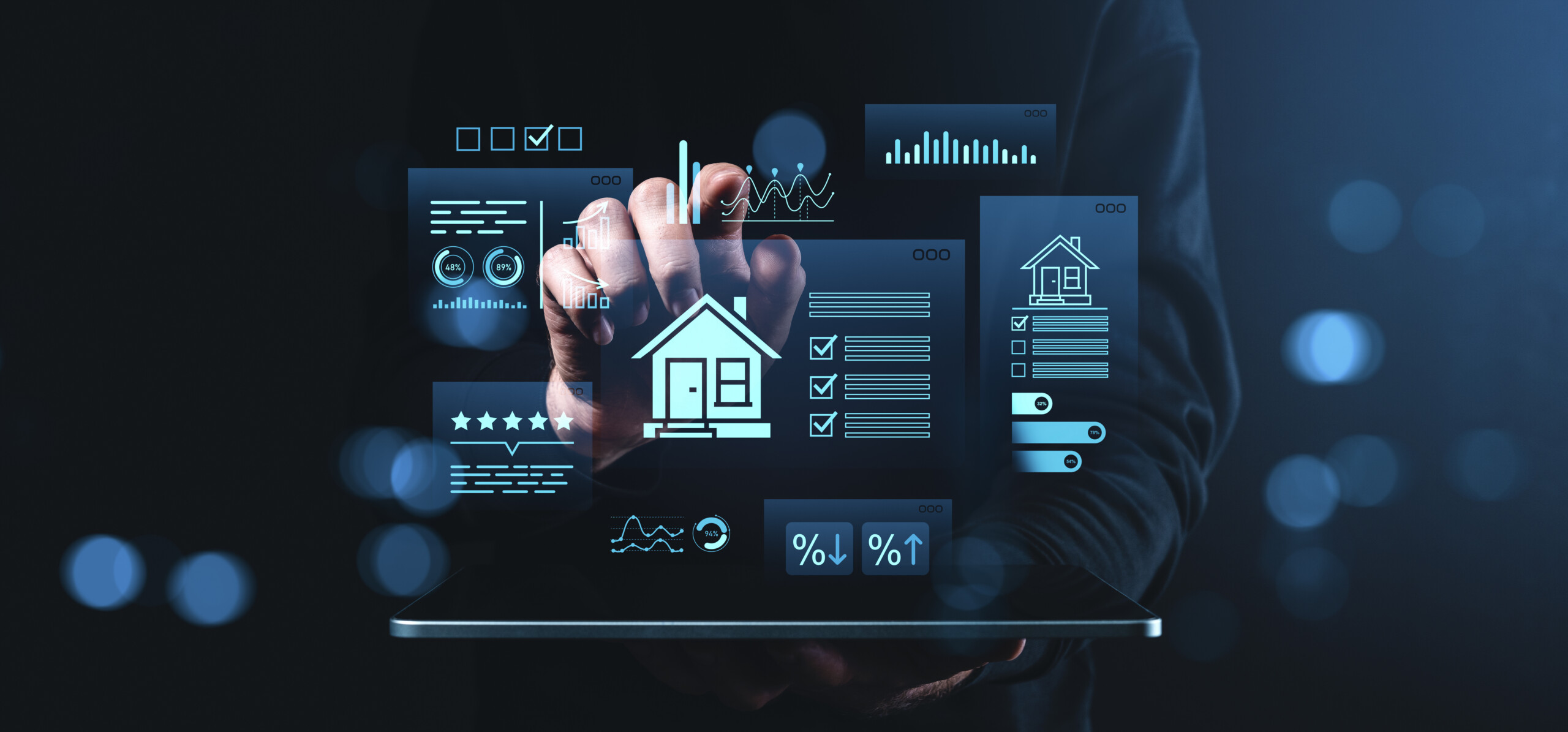 Hand interacting with virtual real estate analytics interface, futuristic digital housing concept on dark creative background with glowing HUD elements