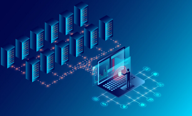 Datacenter server room cloud storage technology and big data processing Protecting data security concept. digital information. isometric. dark neon cartoon vector