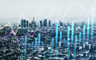 Growth property price and real estate concept with digital graphic financial chart graphs and diagram raising up on megapolis city skyline background, double exposure