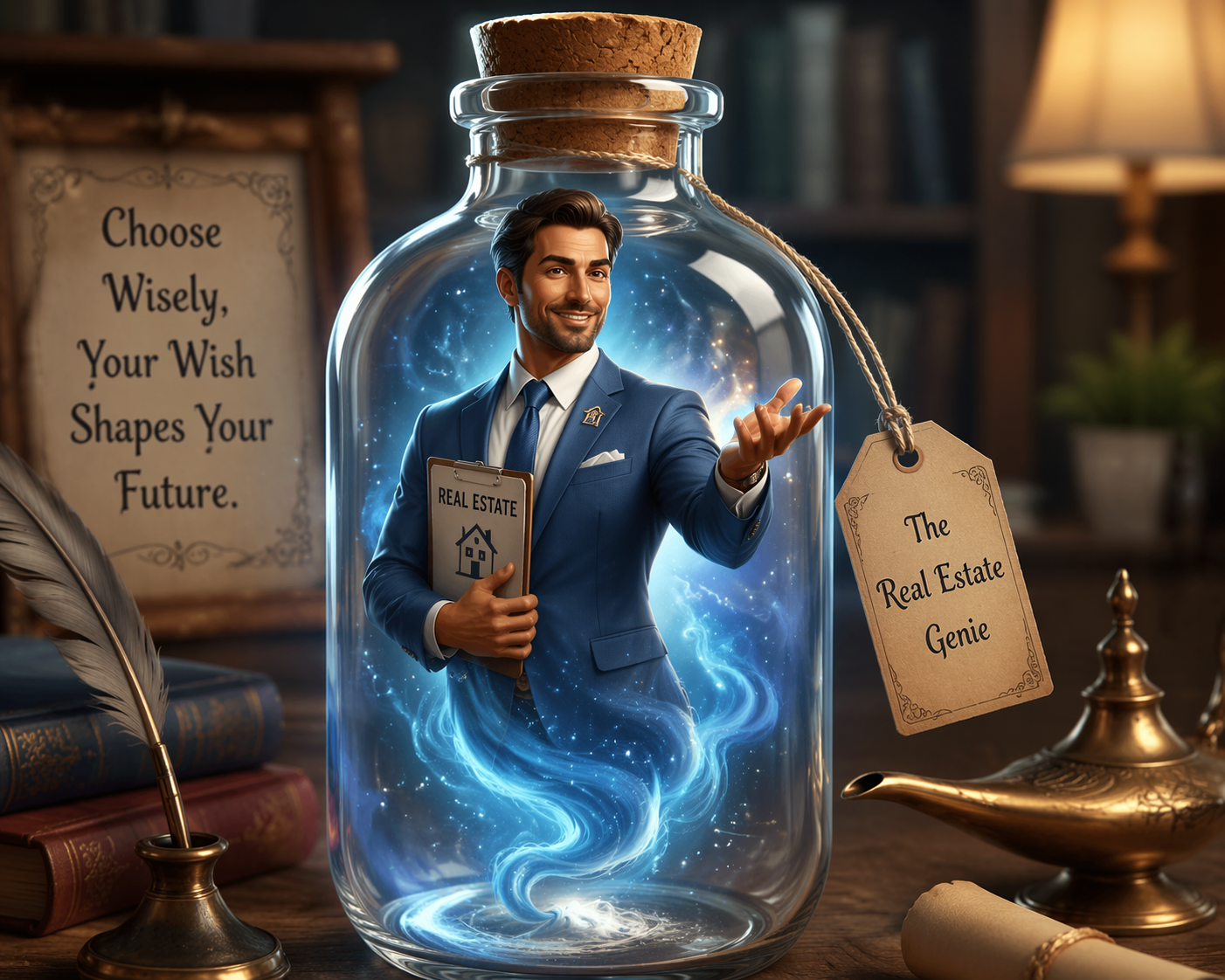 man inside glass bottle portrayed as a genie