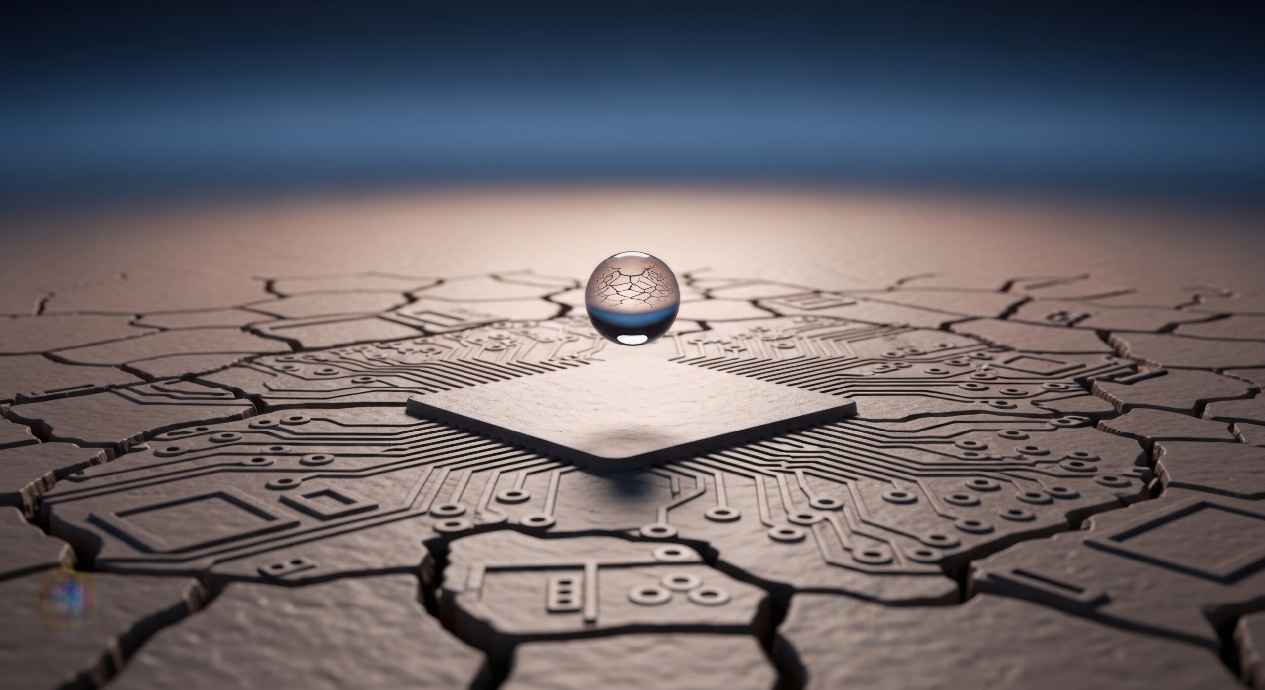 This conceptual image showcases a perfectly clear glass orb hovering precisely over a flat silicon chip. The surrounding earth is parched and segmented by deep fissures, suggesting an environment of extreme drought. The intricate circuitry on the processor contrasts sharply with the rugged, natural texture of the cracked ground, creating a powerful juxtaposition between advanced modern technology.