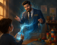 man inside glass bottle portrayed as a genie