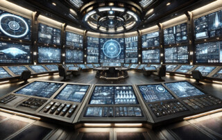 A futuristic control room with a circular layout. The room is dominated by numerous large screens displaying various data streams, charts, and maps. A central table with multiple workstations surrounds the room. The overall aesthetic is sleek and high-tech, conveying a sense of advanced technology and command.