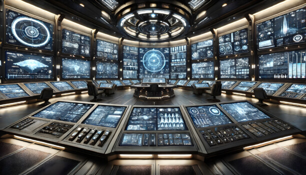 A futuristic control room with a circular layout. The room is dominated by numerous large screens displaying various data streams, charts, and maps. A central table with multiple workstations surrounds the room. The overall aesthetic is sleek and high-tech, conveying a sense of advanced technology and command.
